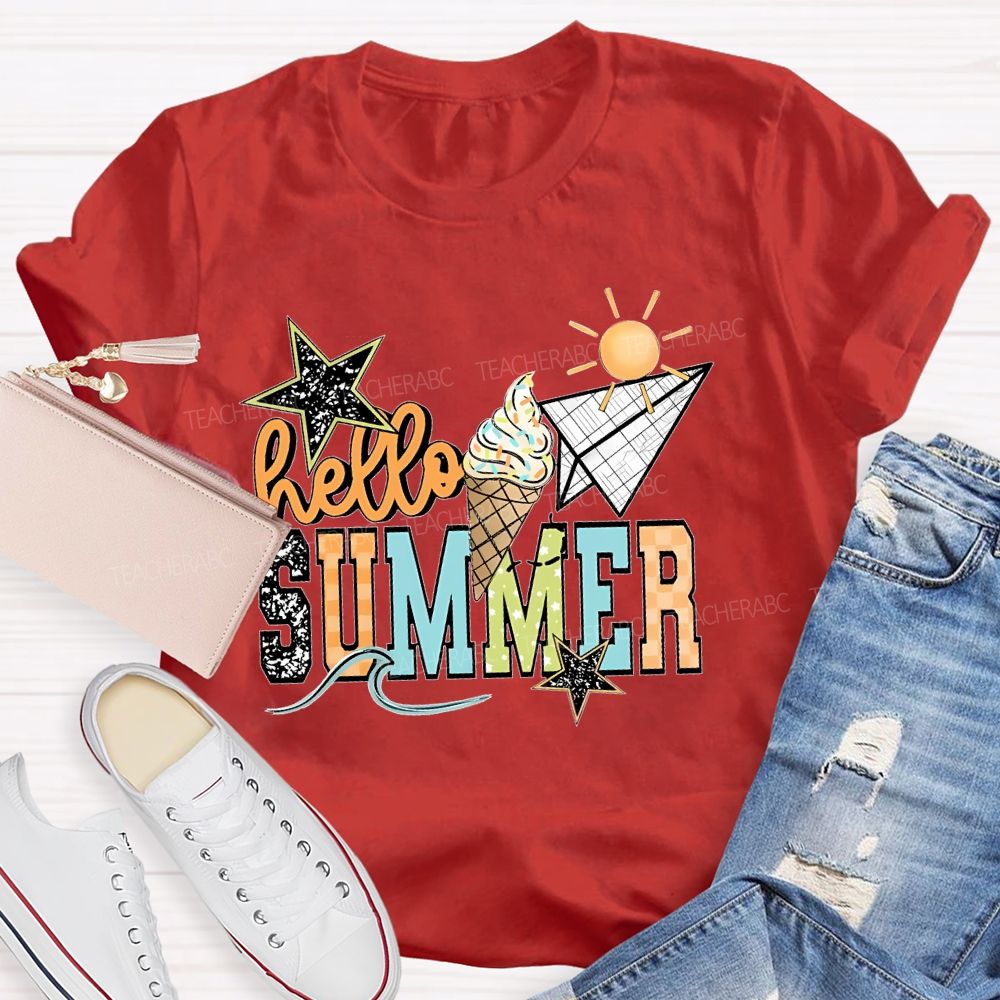 Hello Summer   Stars Shapes  Teacher T-shirt