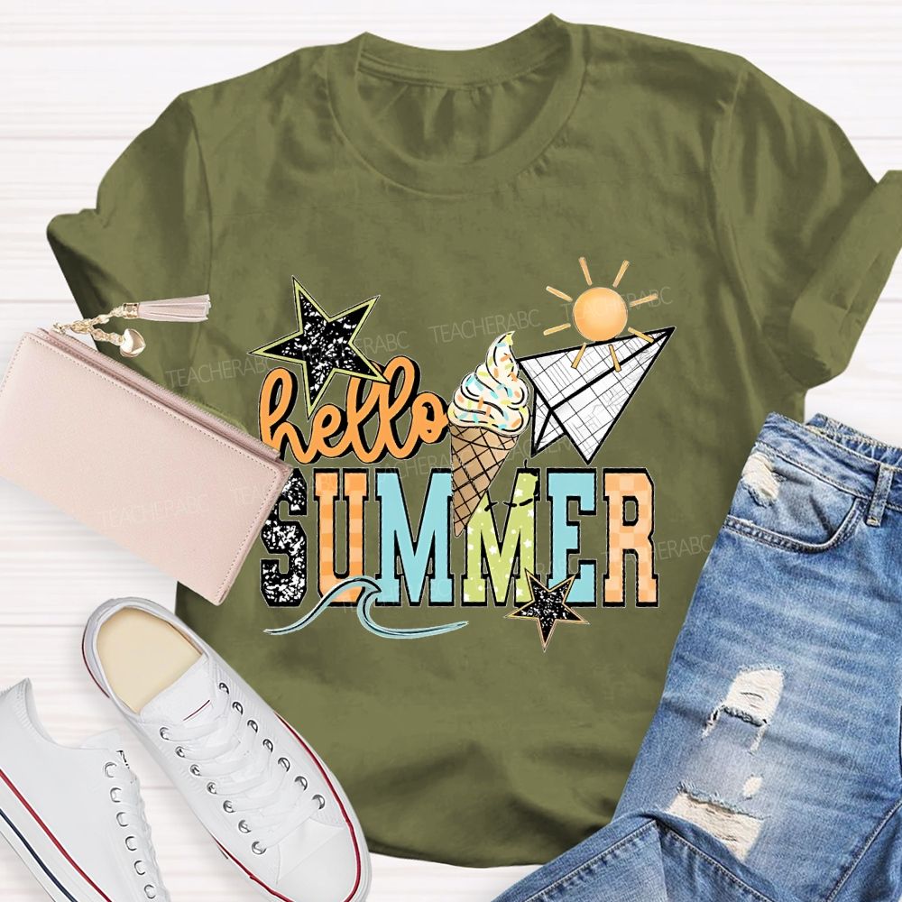 Hello Summer   Stars Shapes  Teacher T-shirt