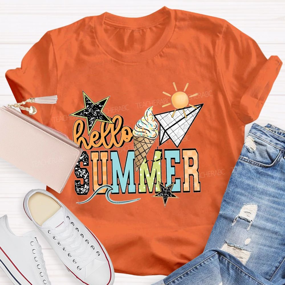 Hello Summer   Stars Shapes  Teacher T-shirt