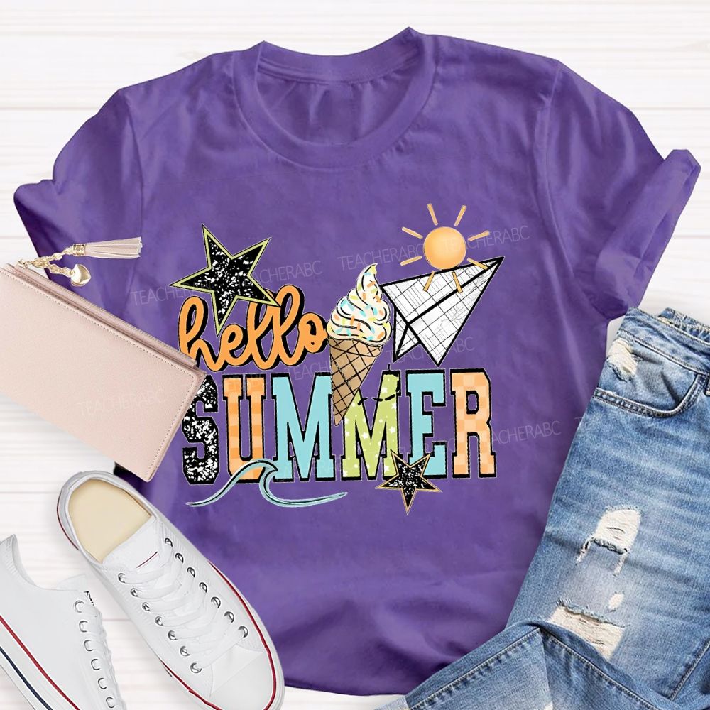 Hello Summer   Stars Shapes  Teacher T-shirt
