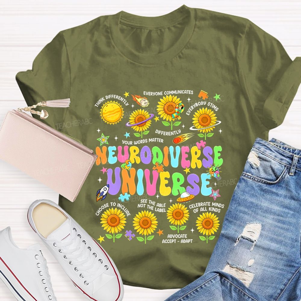 Neurodiverse Universe Think Differently Sunflower Teacher T-Shirt