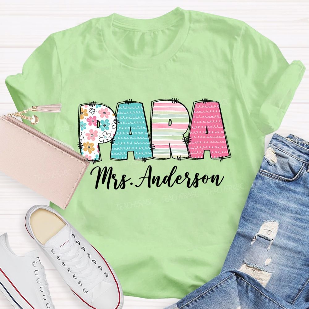 Personalized Para Name Strip Floral Teacher T-Shirt