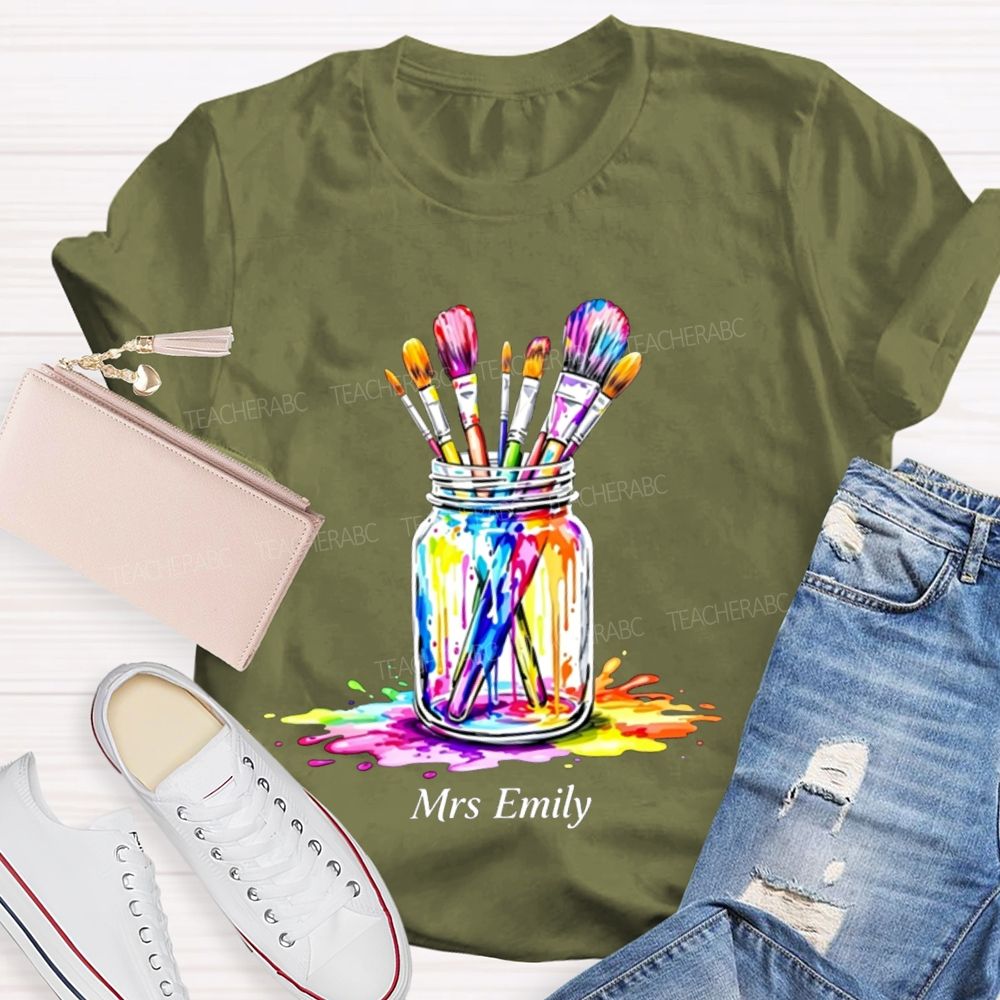 Personalized Art Name Colorful  Brush Teacher T-shirt