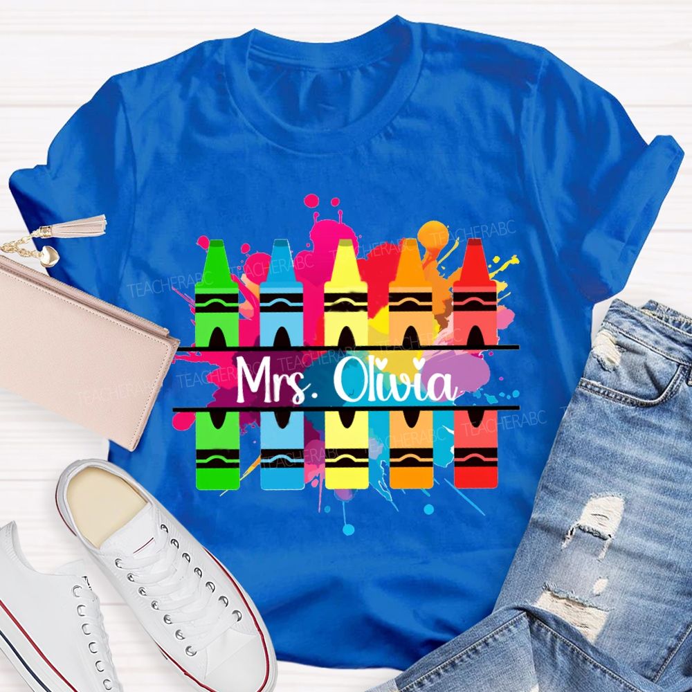 Personalized Name Colorful Crayons Art Teacher T-shirt