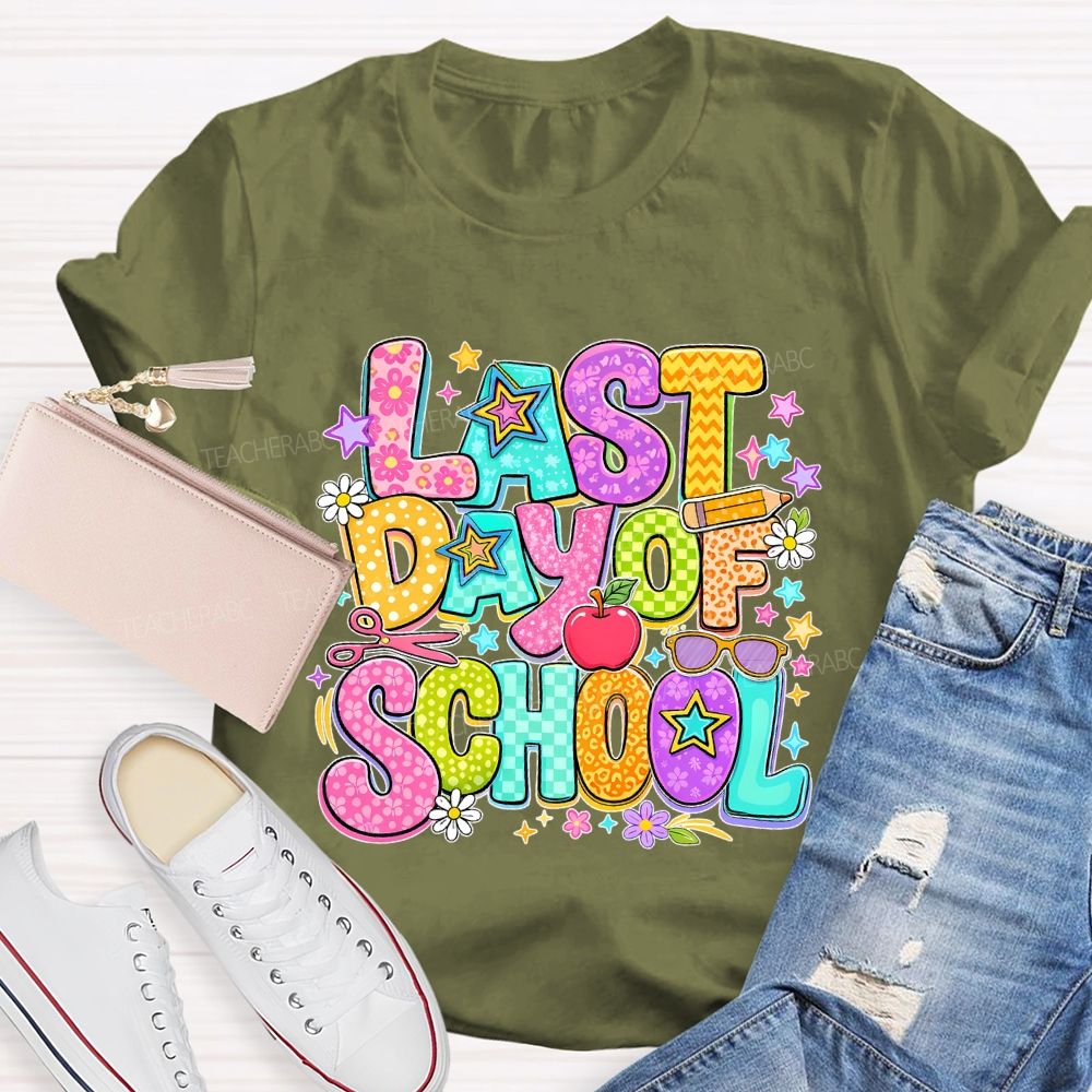 Last Day Of School Stars Letters Shapes  Teacher T-shirt