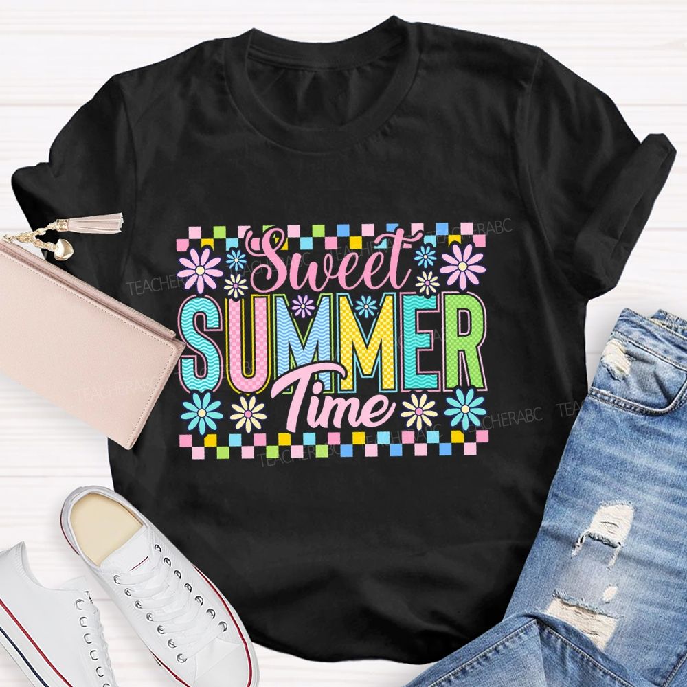 Sweet Summer Time Colorful Plaid  Teacher T-shirt