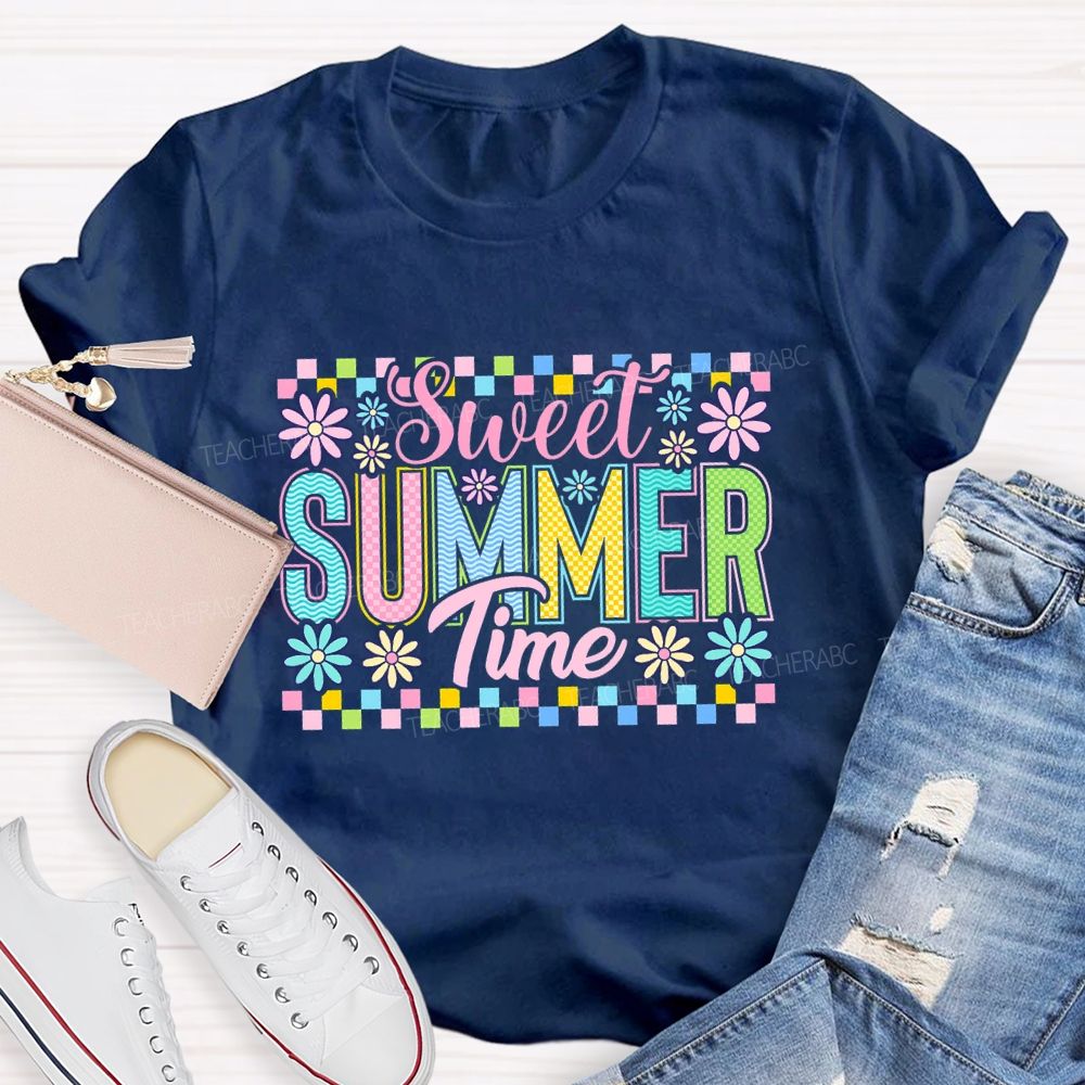 Sweet Summer Time Colorful Plaid  Teacher T-shirt