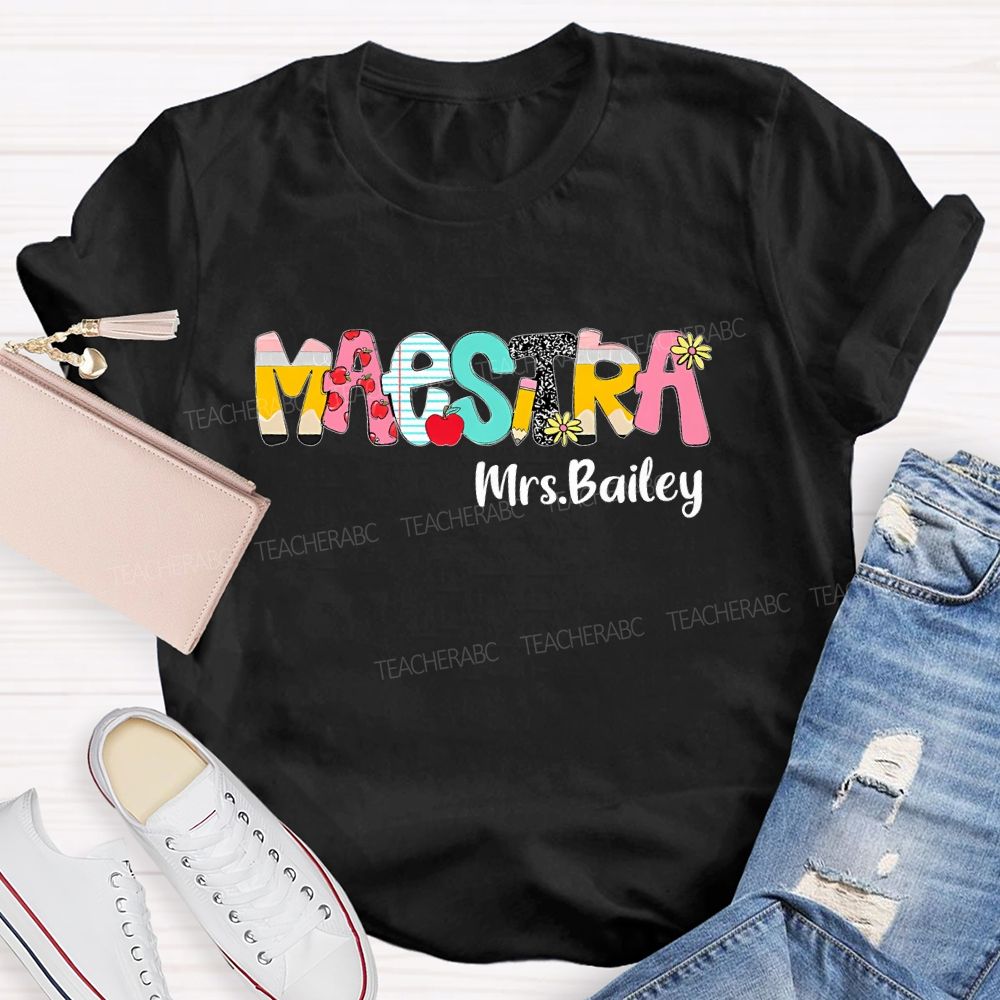 Personalized Name Maestra  Pattern Letter  Teacher T-shirt