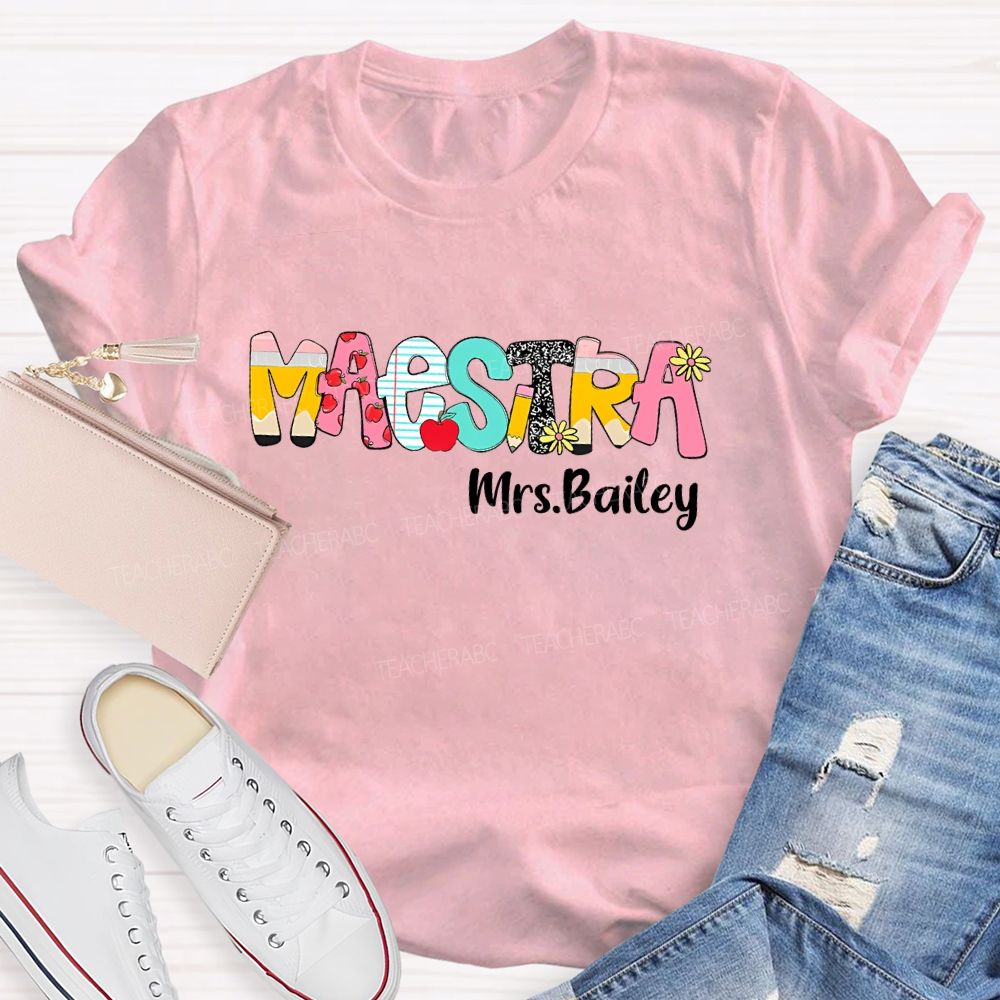 Personalized Name Maestra  Pattern Letter  Teacher T-shirt