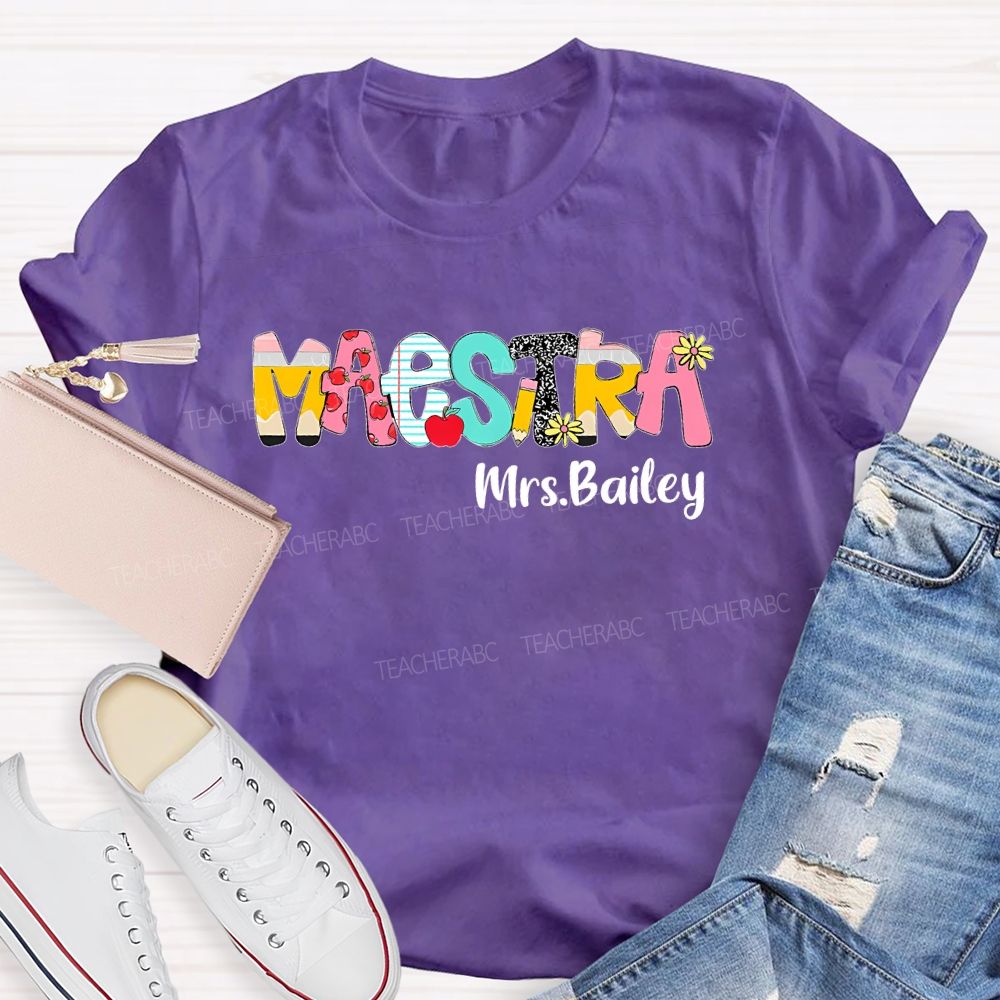 Personalized Name Maestra  Pattern Letter  Teacher T-shirt