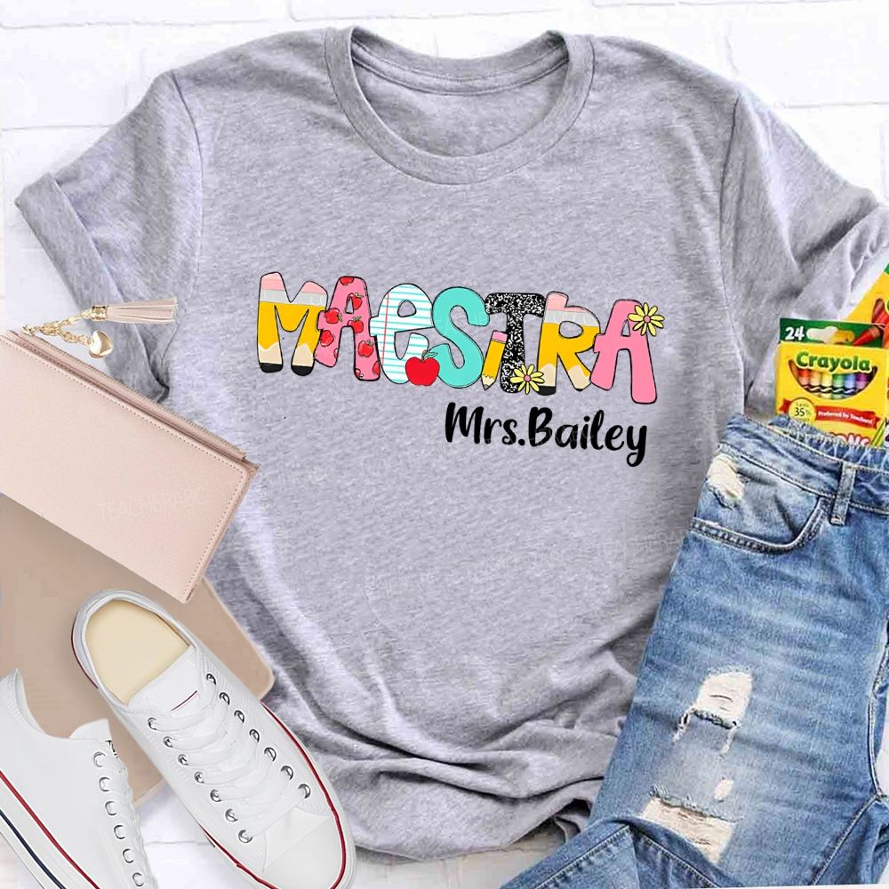 Personalized Name Maestra  Pattern Letter  Teacher T-shirt