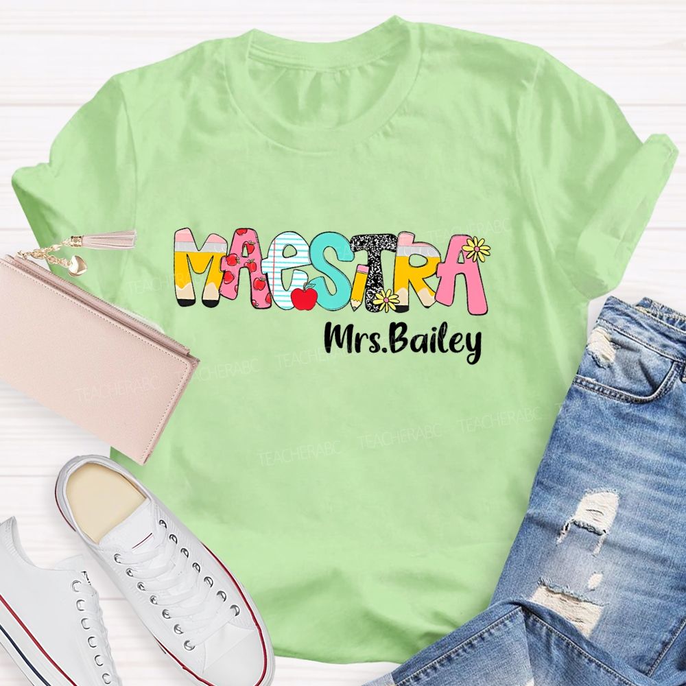 Personalized Name Maestra  Pattern Letter  Teacher T-shirt