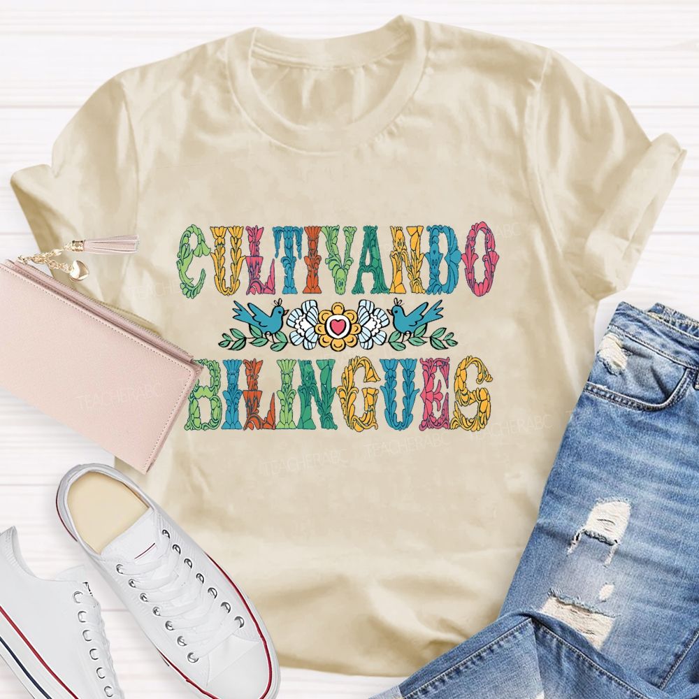 Cultivando Bilingues Colorful Letters  Teacher T-shirt
