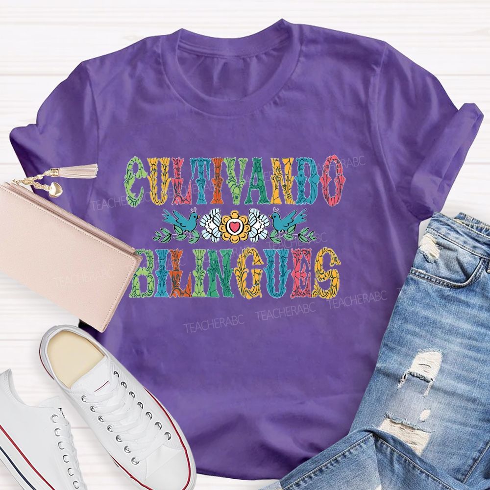 Cultivando Bilingues Colorful Letters  Teacher T-shirt