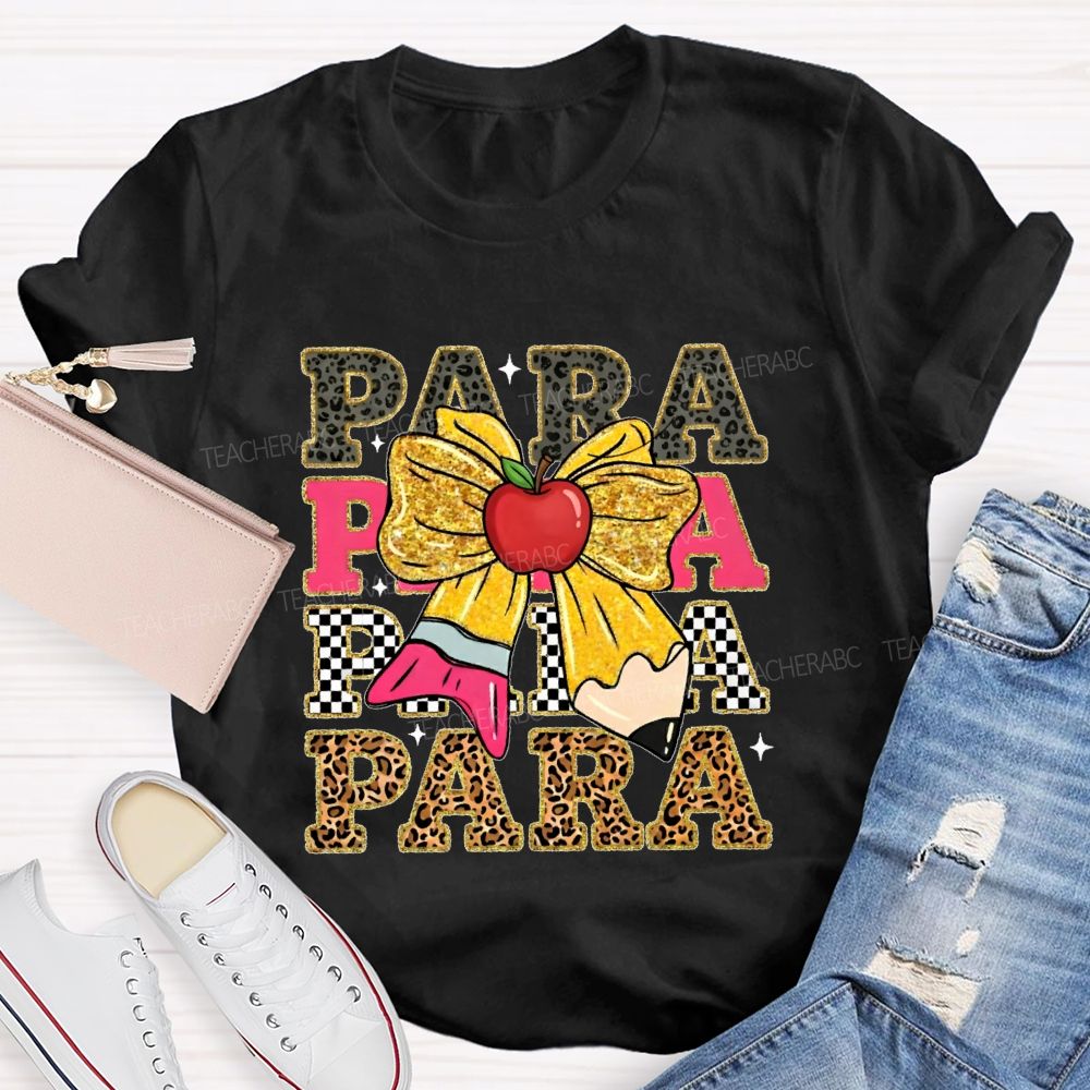 Para Leopard Print Letters Bow  Teacher T-shirt