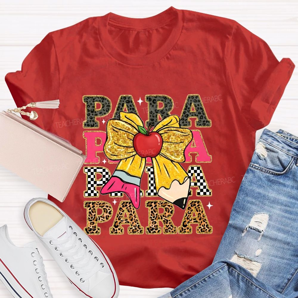 Para Leopard Print Letters Bow  Teacher T-shirt