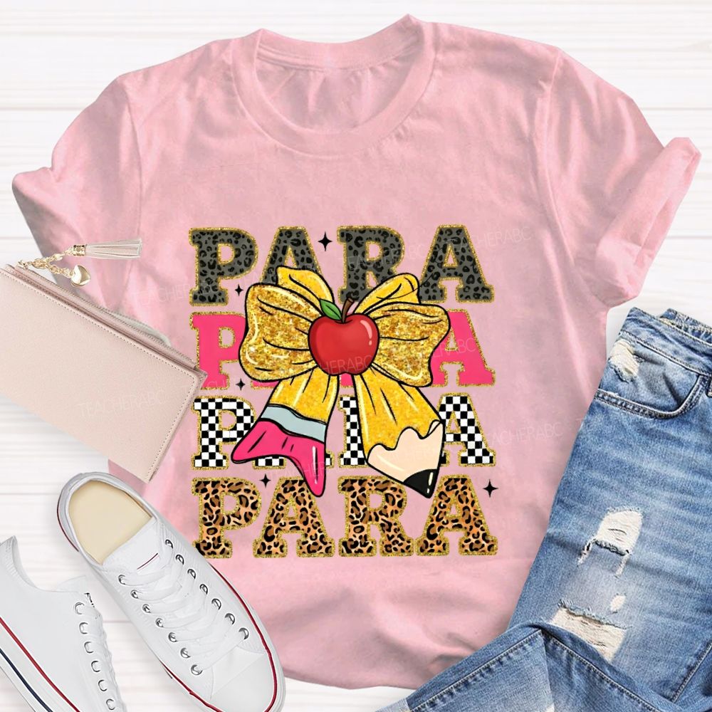 Para Leopard Print Letters Bow  Teacher T-shirt
