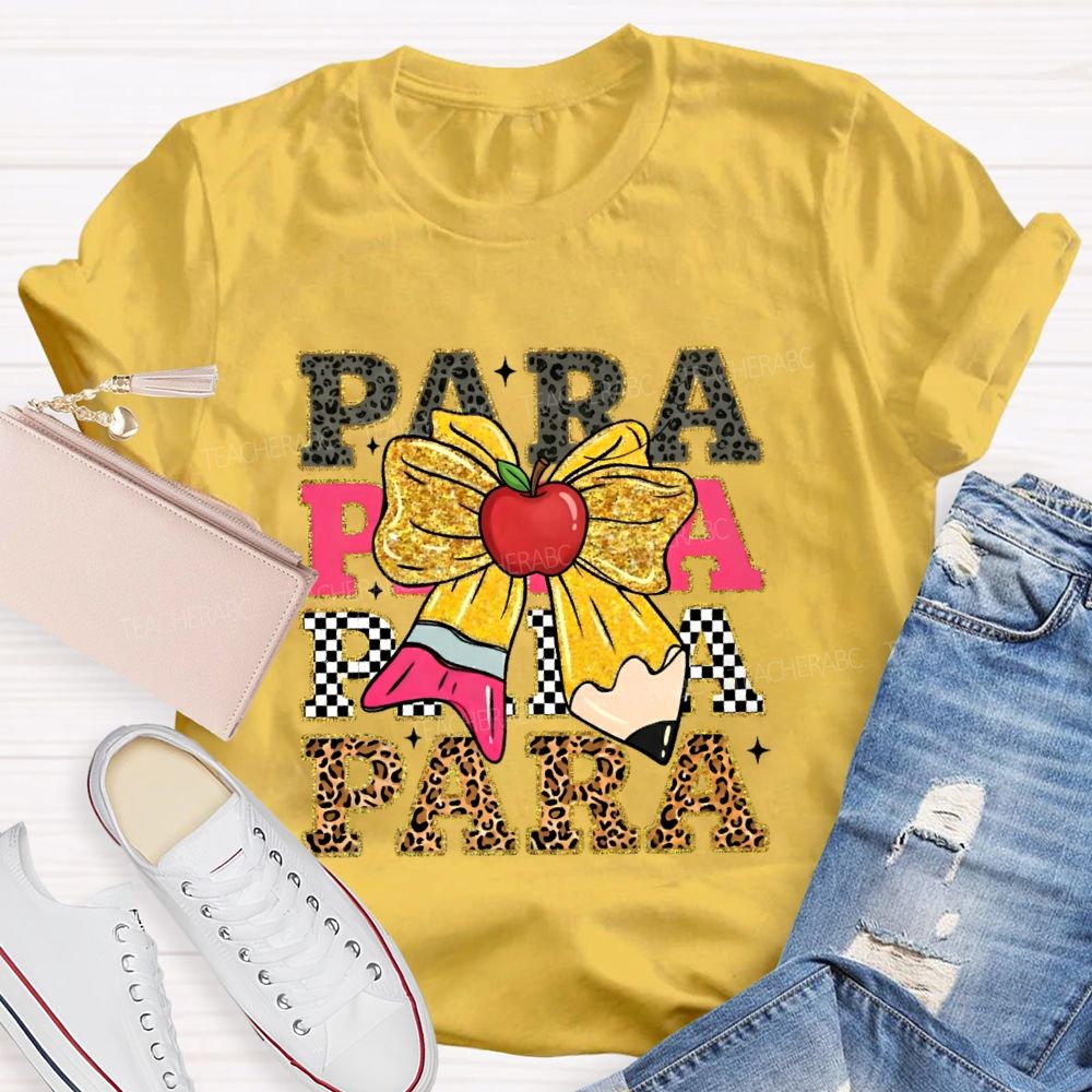Para Leopard Print Letters Bow  Teacher T-shirt