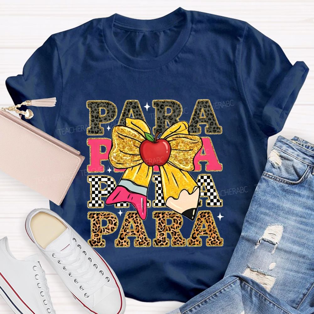 Para Leopard Print Letters Bow  Teacher T-shirt