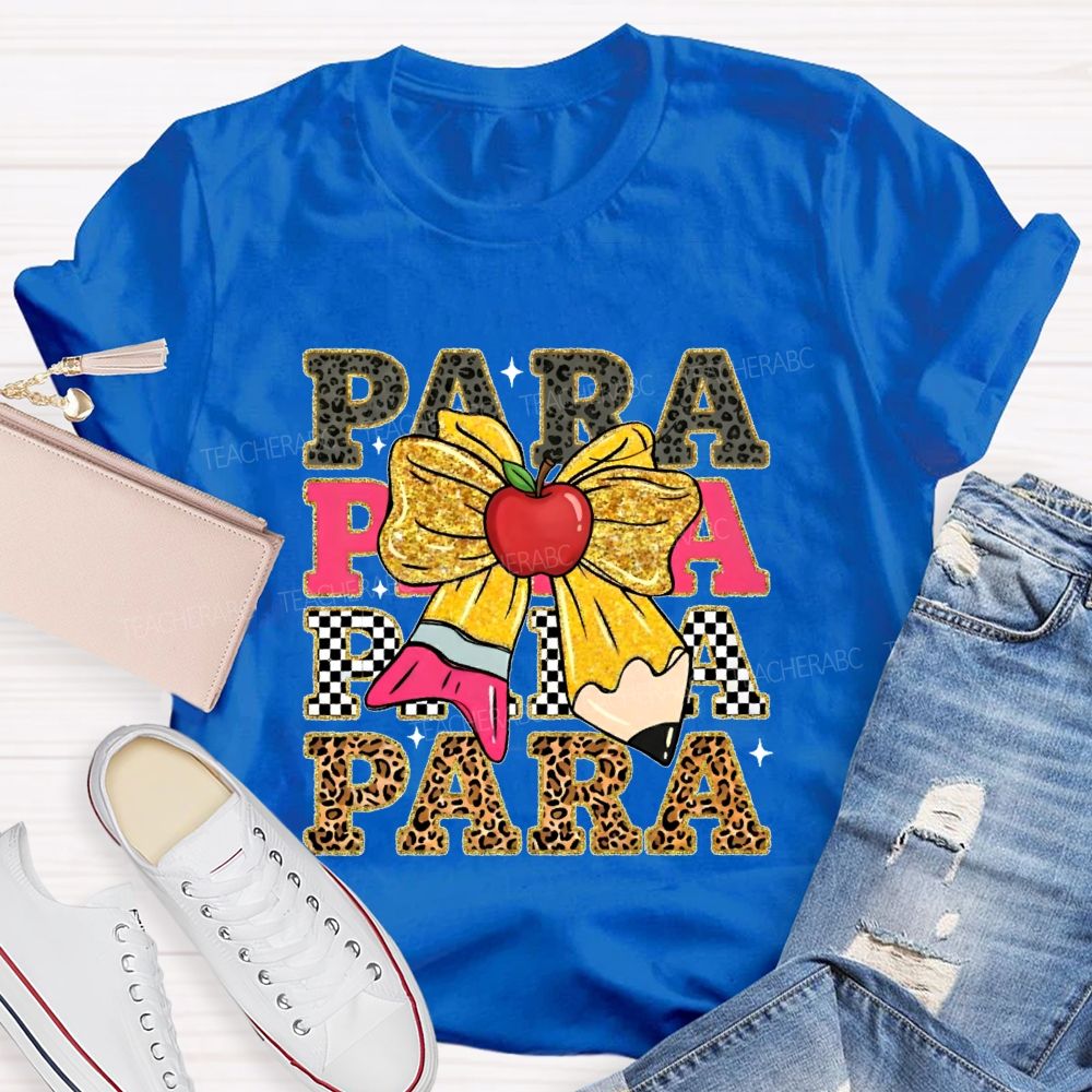Para Leopard Print Letters Bow  Teacher T-shirt