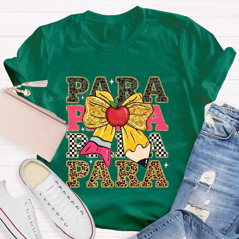 Para Leopard Print Letters Bow  Teacher T-shirt