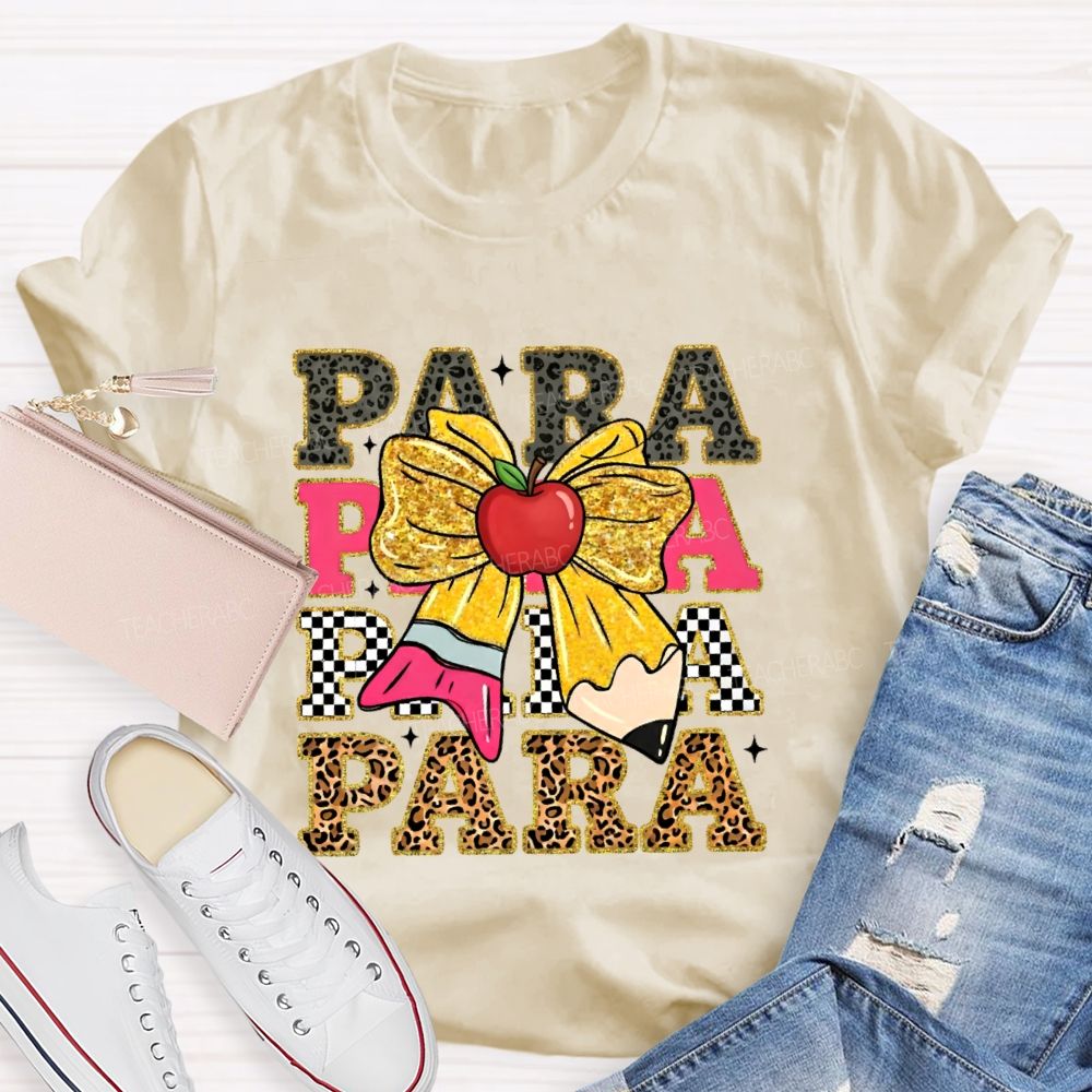 Para Leopard Print Letters Bow  Teacher T-shirt