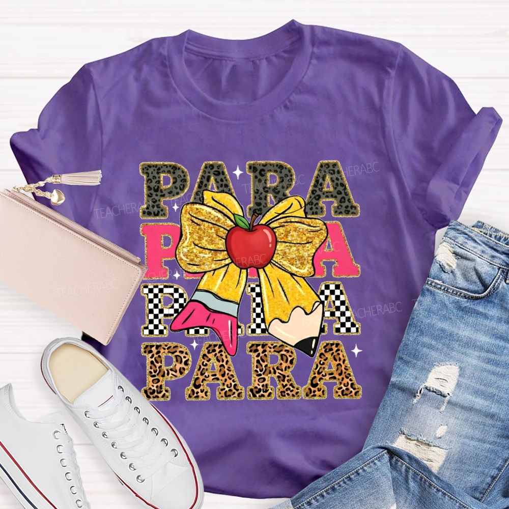 Para Leopard Print Letters Bow  Teacher T-shirt
