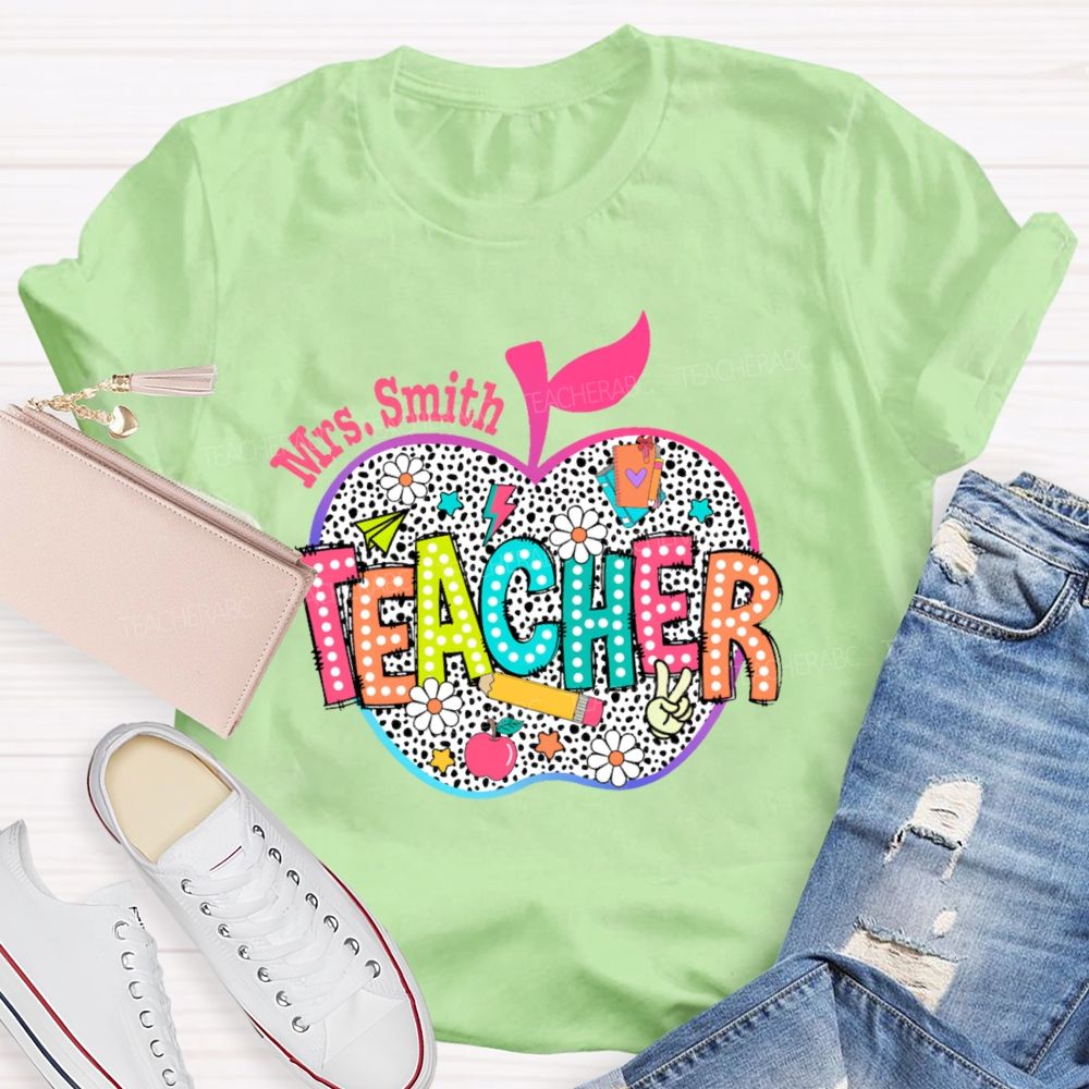 Personalized Name  Teacher Apple Colorful Letters  Teacher T-shirt