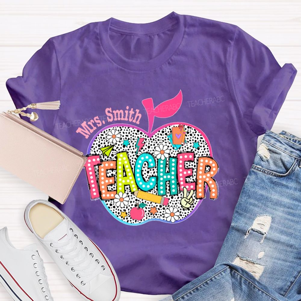 Personalized Name  Teacher Apple Colorful Letters  Teacher T-shirt