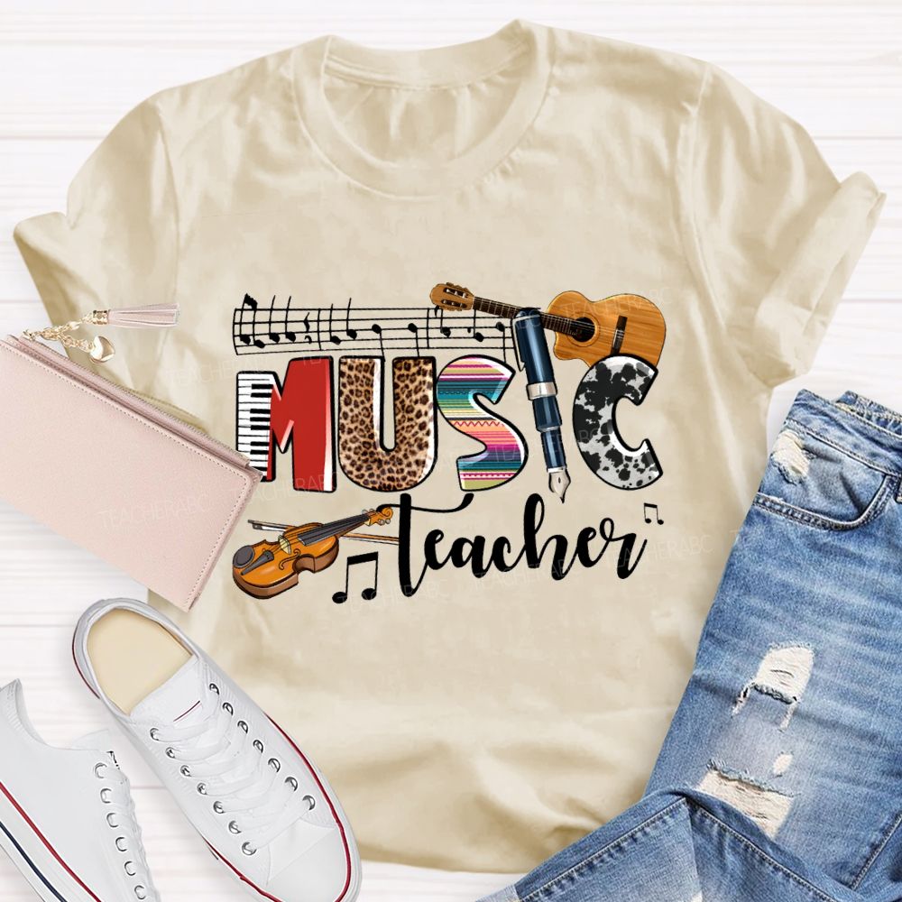 Music Teacher Leopard Print Font And Guitar Teacher T-shirt