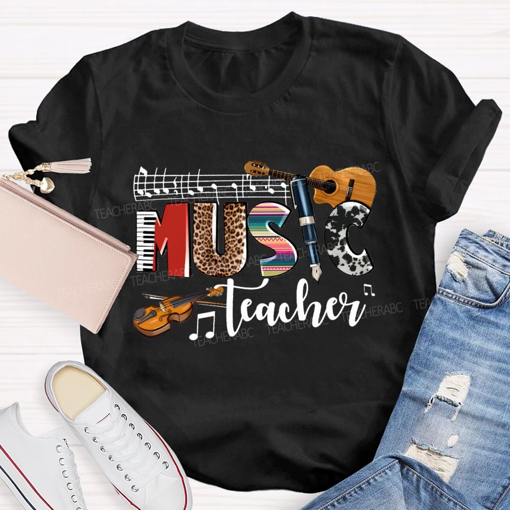 Music Teacher Leopard Print Font And Guitar Teacher T-shirt