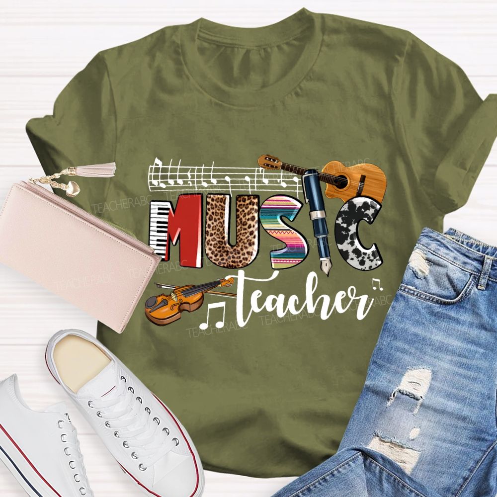 Music Teacher Leopard Print Font And Guitar Teacher T-shirt