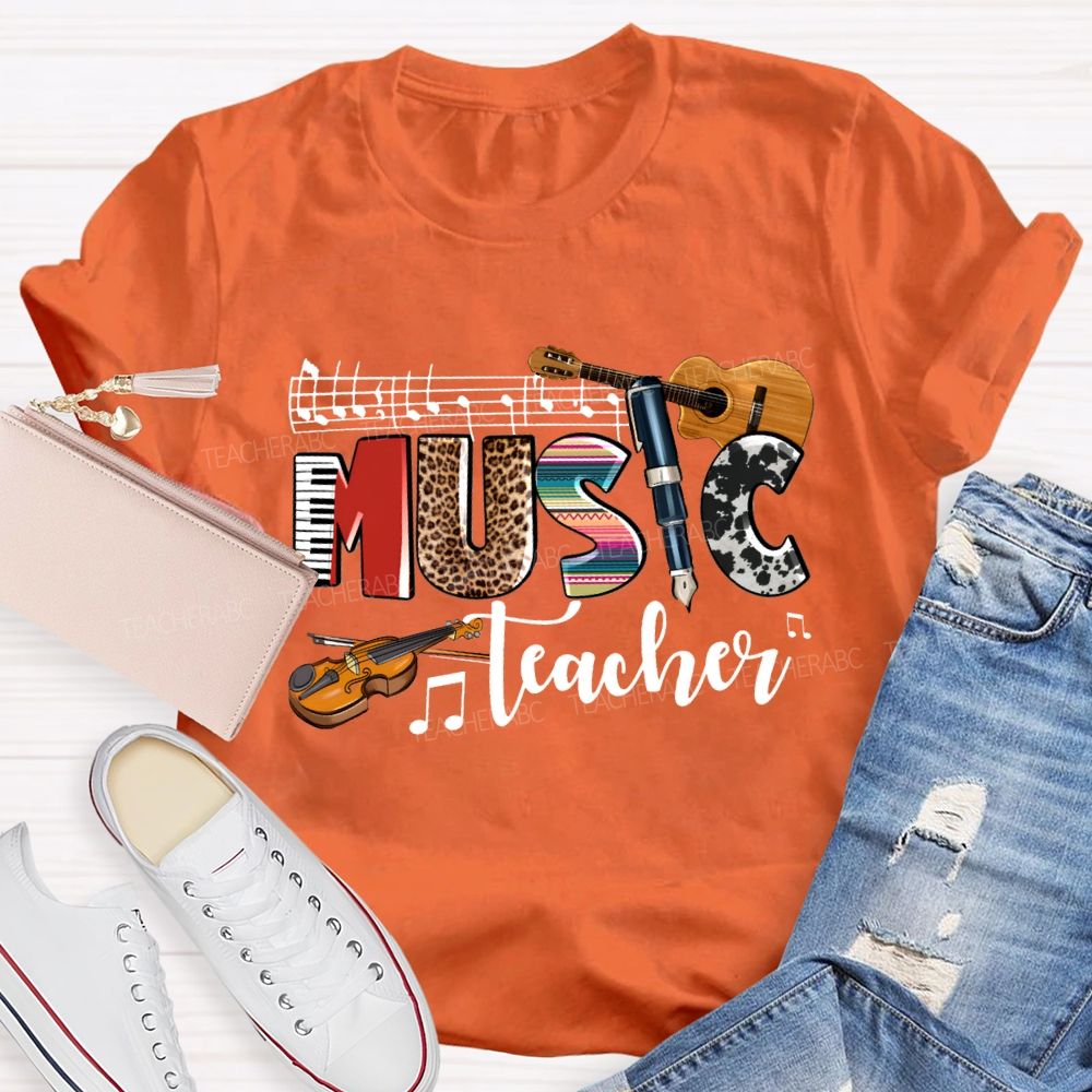 Music Teacher Leopard Print Font And Guitar Teacher T-shirt