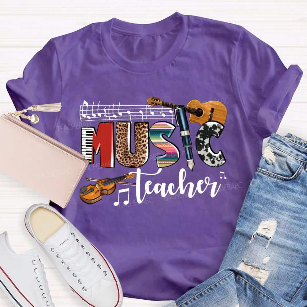 Music Teacher Leopard Print Font And Guitar Teacher T-shirt