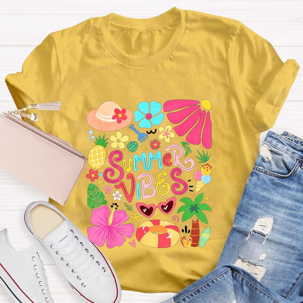 Summer Vibes And  Colorful Flowers Teacher T-shirt