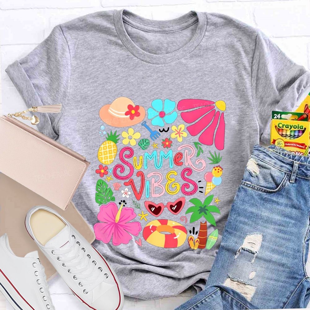 Summer Vibes And  Colorful Flowers Teacher T-shirt