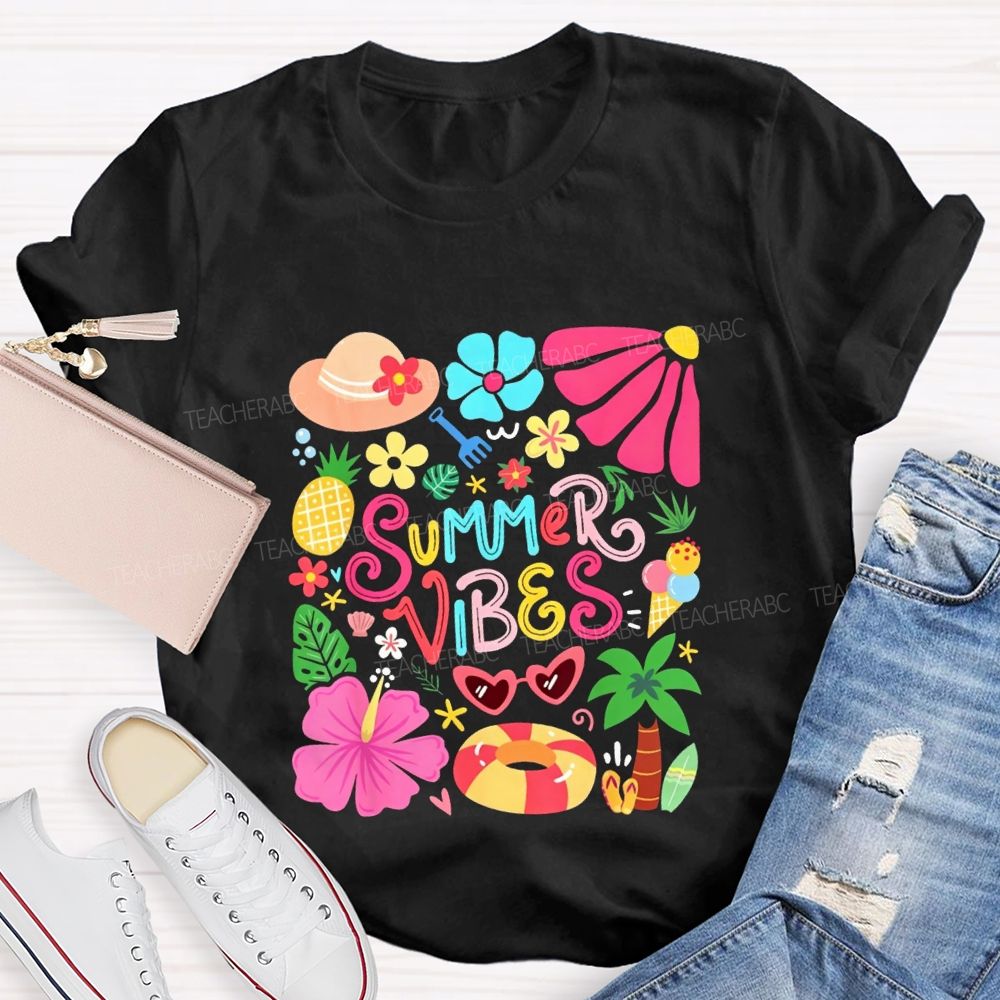 Summer Vibes And  Colorful Flowers Teacher T-shirt