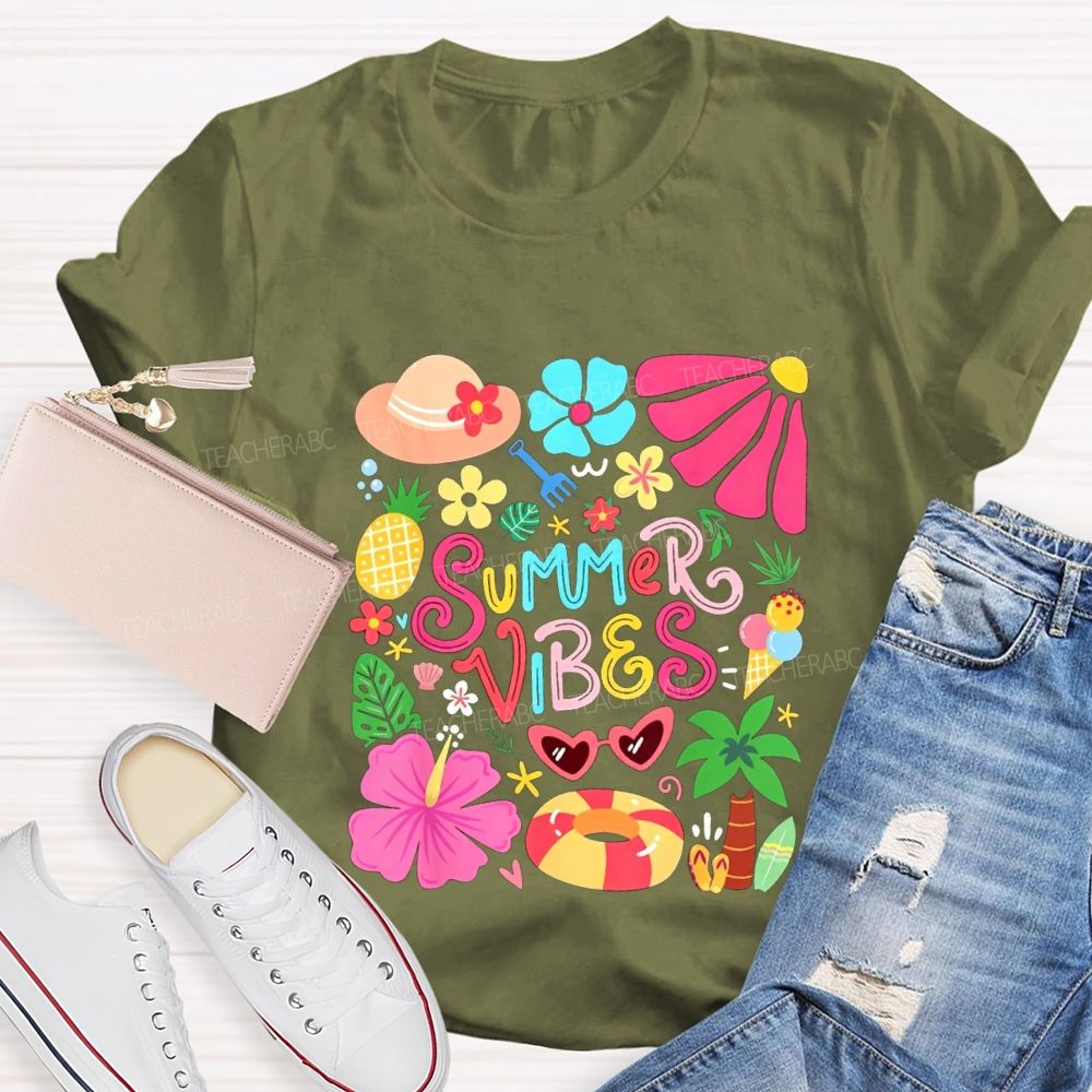 Summer Vibes And  Colorful Flowers Teacher T-shirt