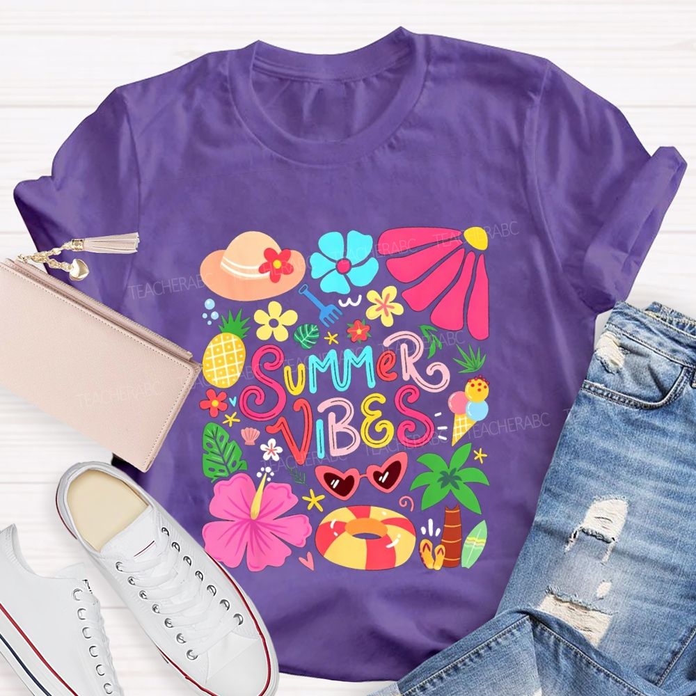 Summer Vibes And  Colorful Flowers Teacher T-shirt