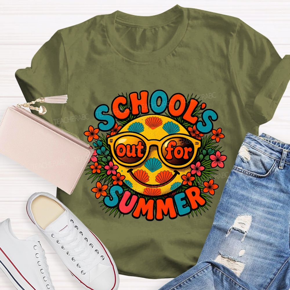 School'S Out For Summer Colorful Fonts And Flowers Teacher T-shirt