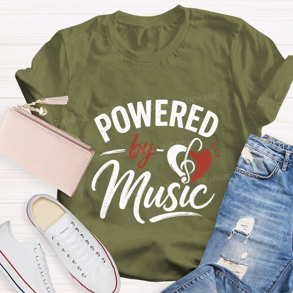 Powered By Music And Heart-Shaped Musical Notes Teacher T-shirt