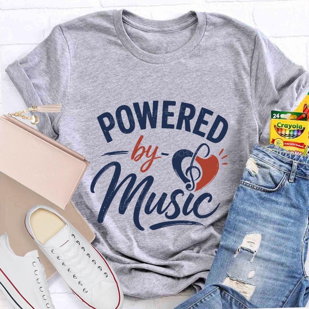 Powered By Music And Heart-Shaped Musical Notes Teacher T-shirt