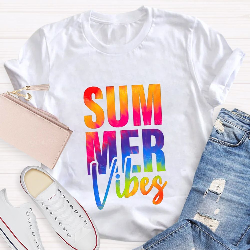 Summer Vibes And Colorful Tie-Dye Font Teacher T-shirt