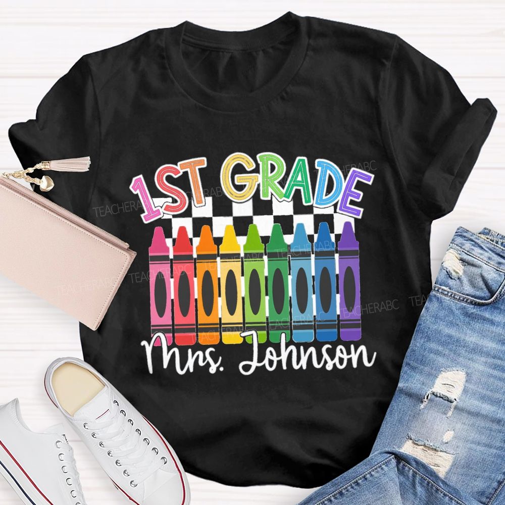 Personalized Grade And Name Colorful Crayons Teacher T-Shirt