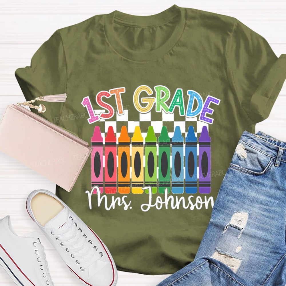Personalized Grade And Name Colorful Crayons Teacher T-Shirt