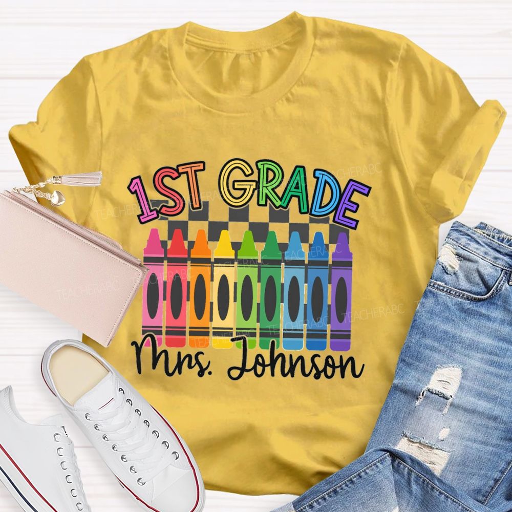 Personalized Grade And Name Colorful Crayons Teacher T-Shirt