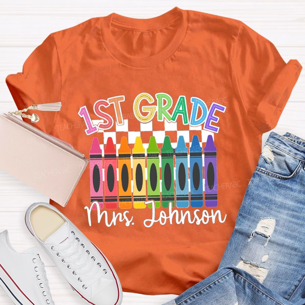 Personalized Grade And Name Colorful Crayons Teacher T-Shirt