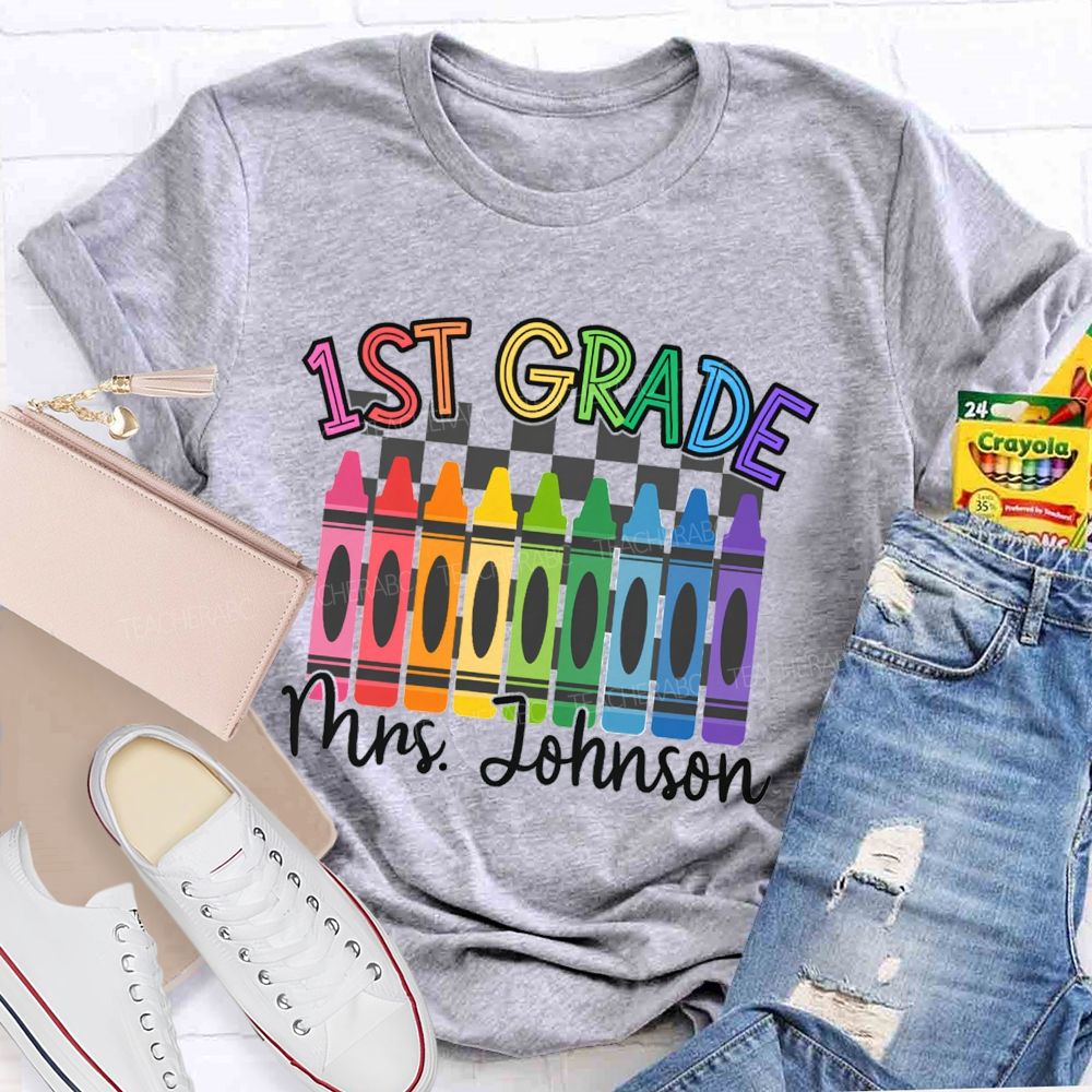 Personalized Grade And Name Colorful Crayons Teacher T-Shirt