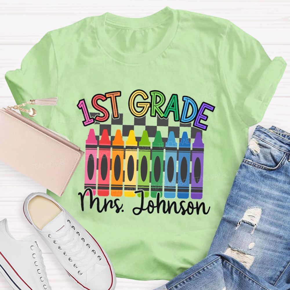 Personalized Grade And Name Colorful Crayons Teacher T-Shirt