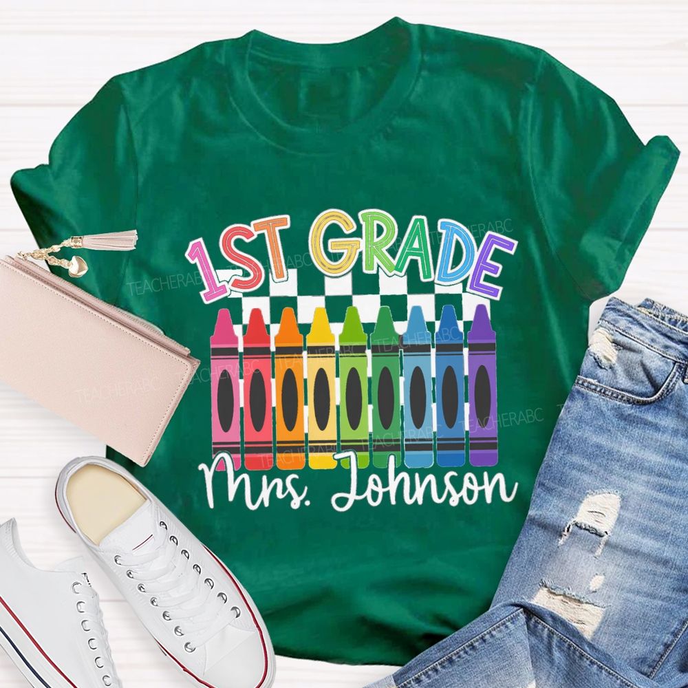 Personalized Grade And Name Colorful Crayons Teacher T-Shirt